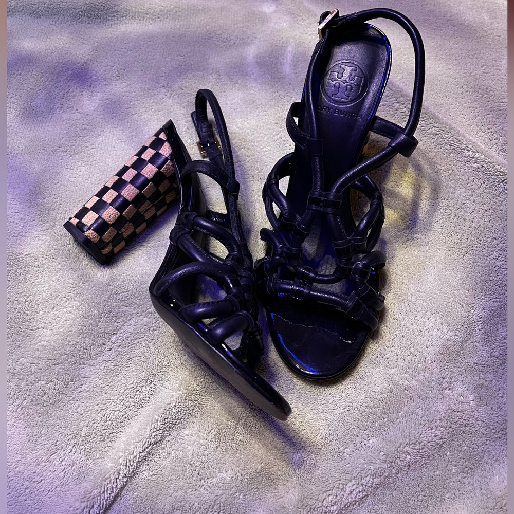 Tory Burch Black and Tan Strappy Block Heels - Picture 7 of 15